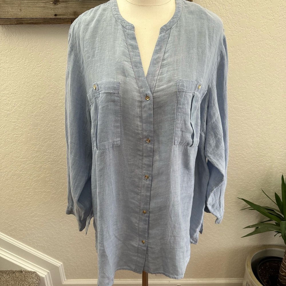 J. Jill Love Linen Light Blue Button-Up Blouse Ladies 2X NWT